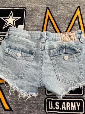 True Religion Light Blue Frayed Hem Denim Shorts